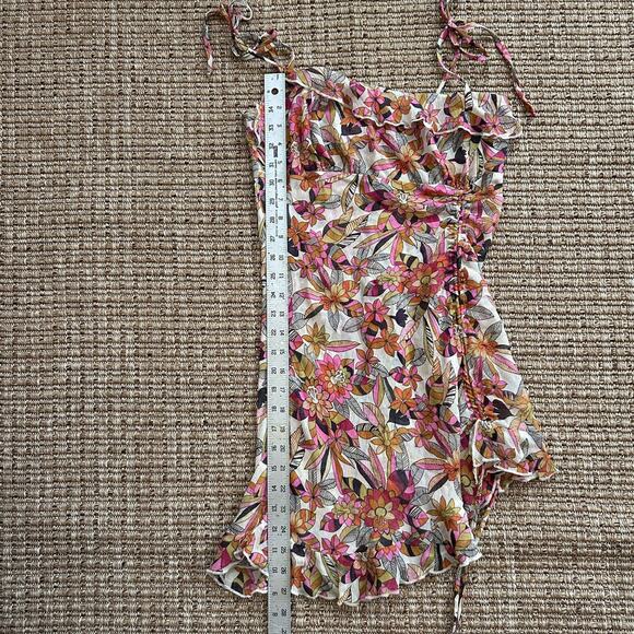 Y2K Silk Floral Ruched Top M | Vintage Ruffle Hem Tie Strap Blouse - Picture 5 of 7